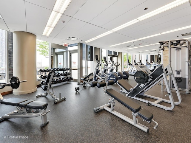 gym with a wall of windows