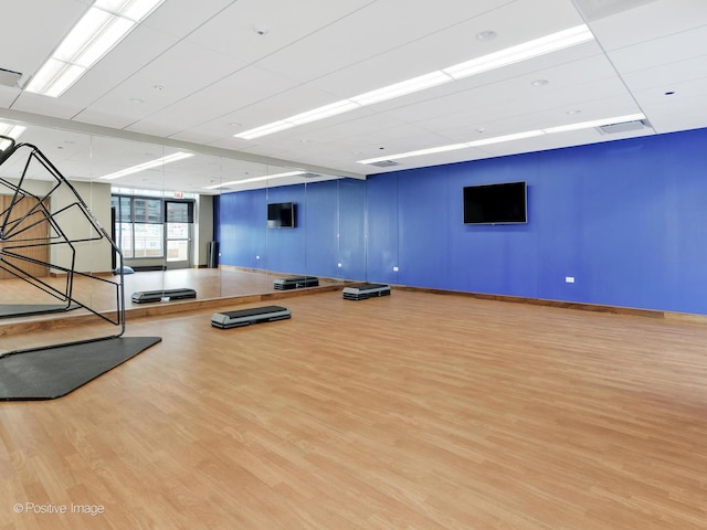 workout area featuring light hardwood / wood-style floors