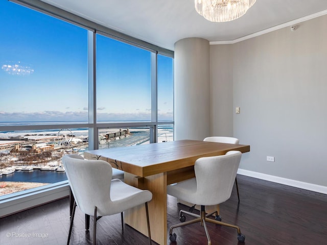 dining room with dark wood-type flooring, ornamental molding, plenty of natural light, and a water view