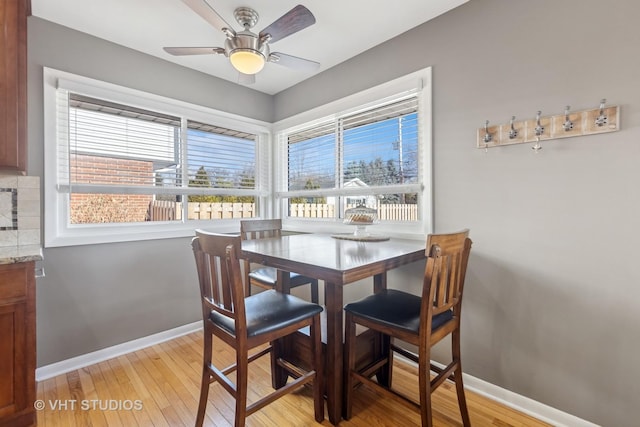 dining space featuring ceiling fan and light wood-type flooring