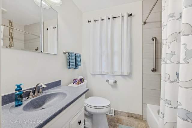 full bathroom featuring vanity, toilet, and shower / tub combo