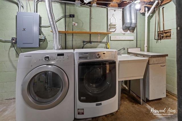 laundry area featuring washing machine and clothes dryer and electric panel