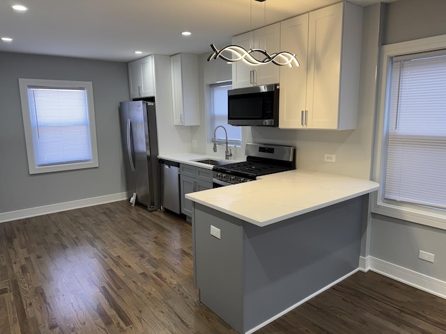 kitchen with white cabinets, stainless steel appliances, sink, hanging light fixtures, and kitchen peninsula