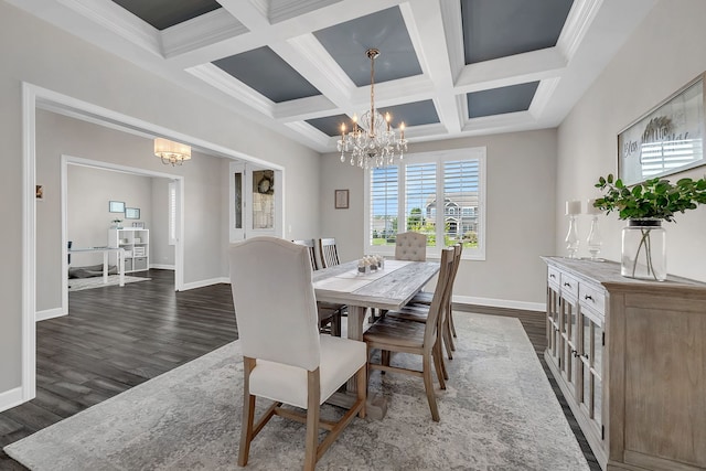 dining space with beamed ceiling, dark wood-type flooring, and a notable chandelier