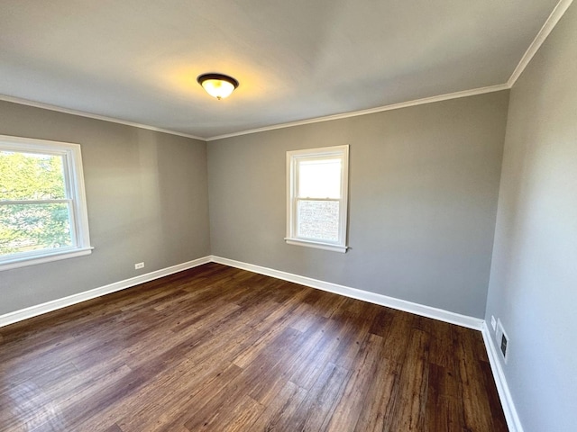 empty room featuring crown molding, dark hardwood / wood-style floors, and a wealth of natural light