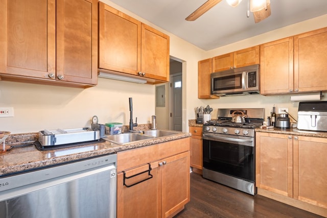 kitchen with ceiling fan, stainless steel appliances, dark hardwood / wood-style flooring, and sink