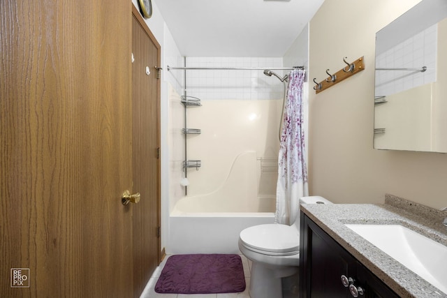 full bathroom with vanity, shower / bath combo with shower curtain, and toilet