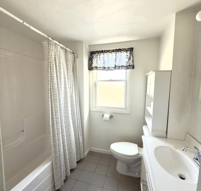 full bathroom with tile patterned flooring, vanity, shower / tub combo with curtain, and toilet