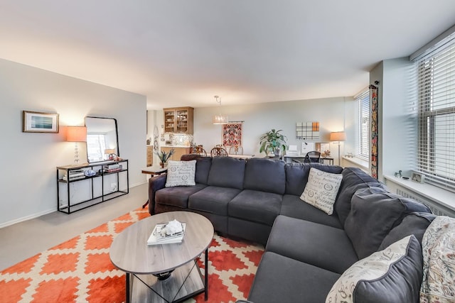 living room featuring light carpet