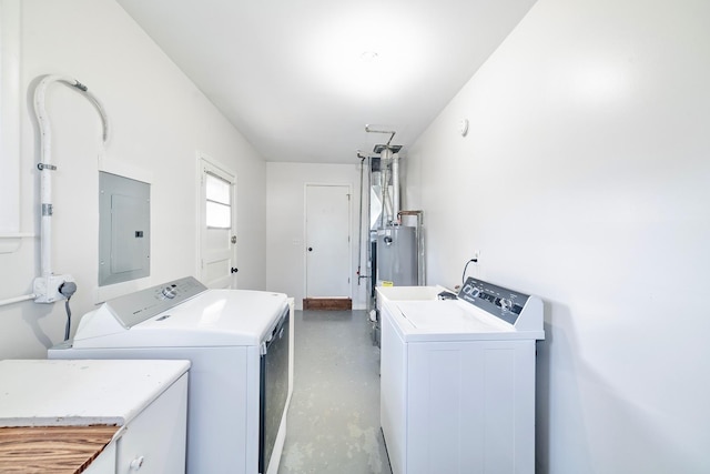 washroom with electric panel, washer and clothes dryer, and electric water heater