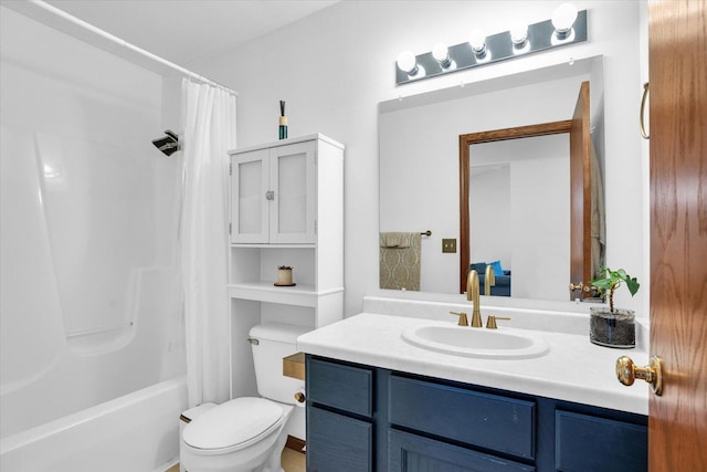 bathroom with vanity, toilet, and shower / bathtub combination with curtain