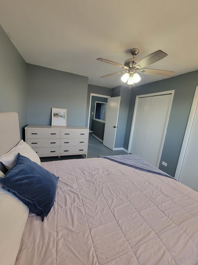 bedroom with ceiling fan and a closet