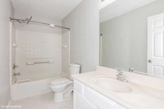 full bathroom with bathing tub / shower combination, vanity, and toilet