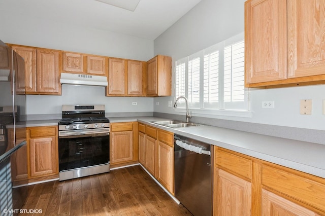 kitchen with dark hardwood / wood-style flooring, sink, stainless steel gas range, and dishwasher