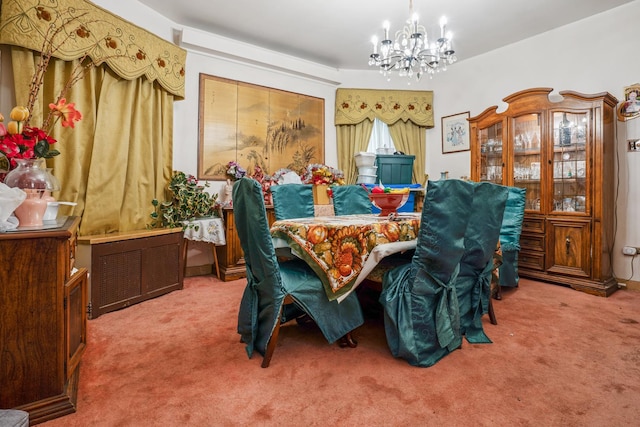 carpeted dining space with a notable chandelier