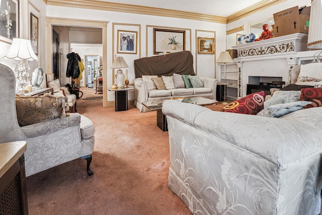 carpeted living room with crown molding