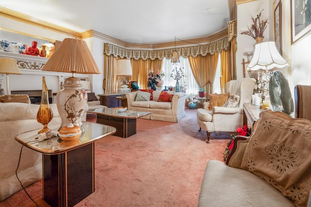 interior space with crown molding and carpet flooring