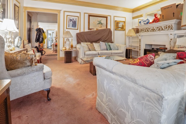 carpeted living room featuring ornamental molding