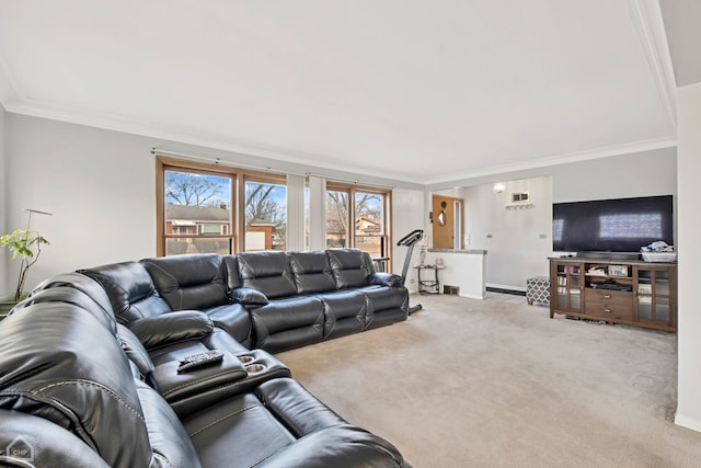 carpeted living room with crown molding