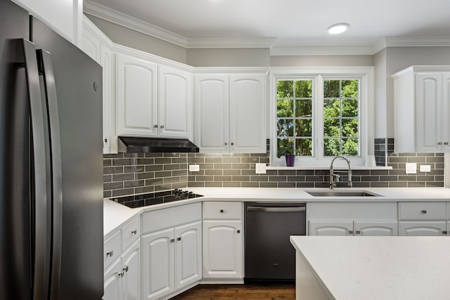 kitchen with a sink, appliances with stainless steel finishes, ornamental molding, and under cabinet range hood