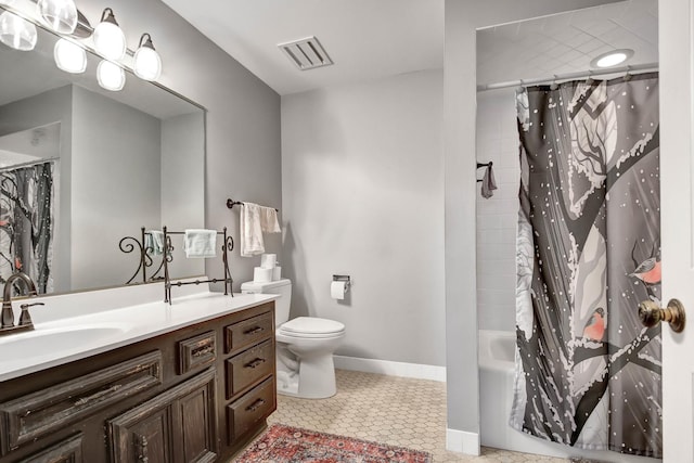 full bathroom featuring vanity, toilet, tile patterned flooring, and shower / bath combo with shower curtain