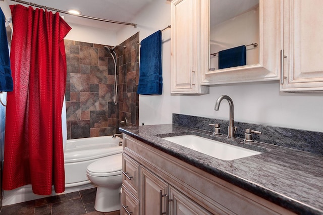 full bathroom featuring toilet, vanity, and shower / tub combo with curtain