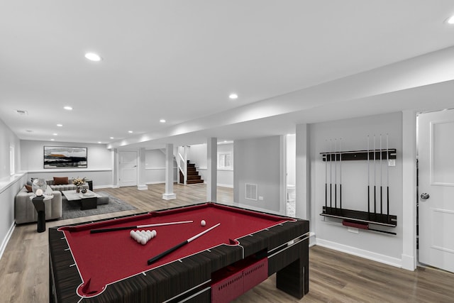 recreation room featuring hardwood / wood-style floors and pool table