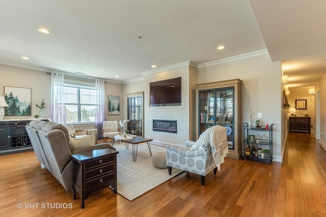 living room featuring ornamental molding, a large fireplace, and light hardwood / wood-style floors