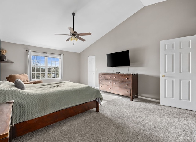 bedroom featuring carpet, high vaulted ceiling, and ceiling fan