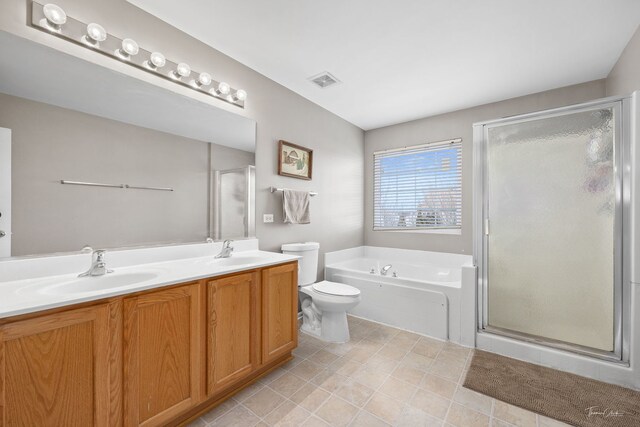 full bathroom with vanity, toilet, and shower with separate bathtub