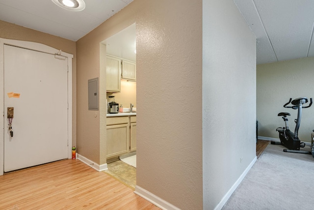 foyer with sink, electric panel, and light hardwood / wood-style flooring