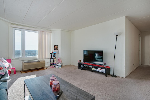 carpeted living room featuring a wall mounted air conditioner