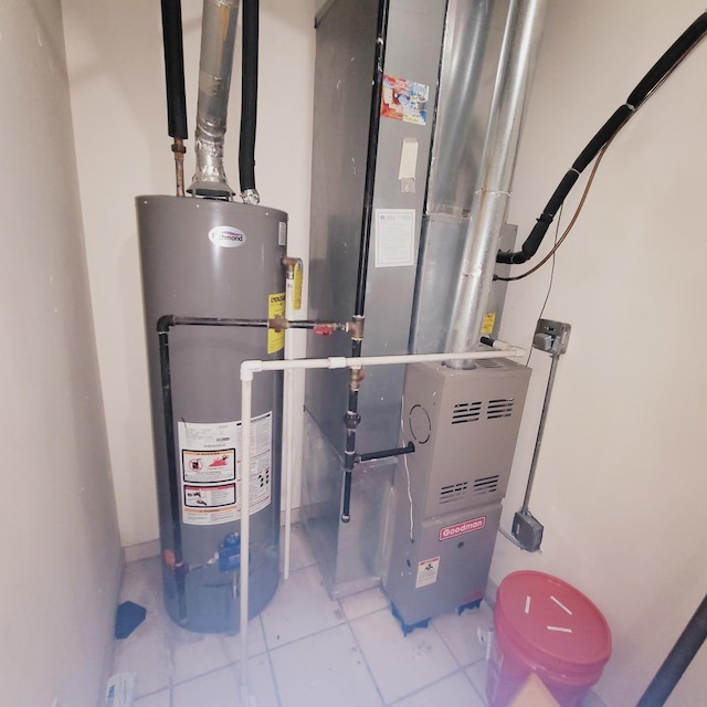 utility room featuring heating unit and water heater