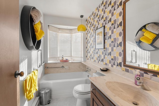 bathroom with backsplash, tile patterned flooring, vanity, toilet, and a bath