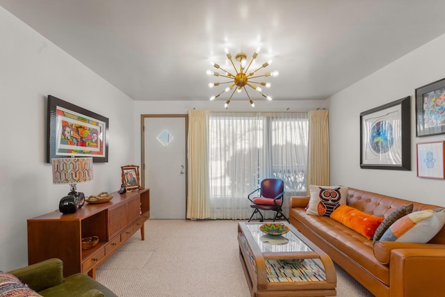 living room with light colored carpet and a chandelier