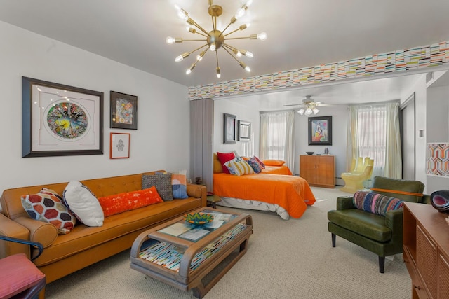 bedroom with multiple windows, light carpet, and a notable chandelier