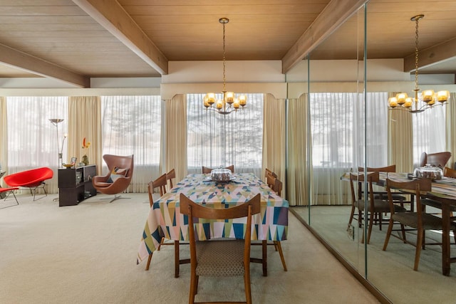 carpeted dining room featuring wood ceiling, beam ceiling, and a chandelier