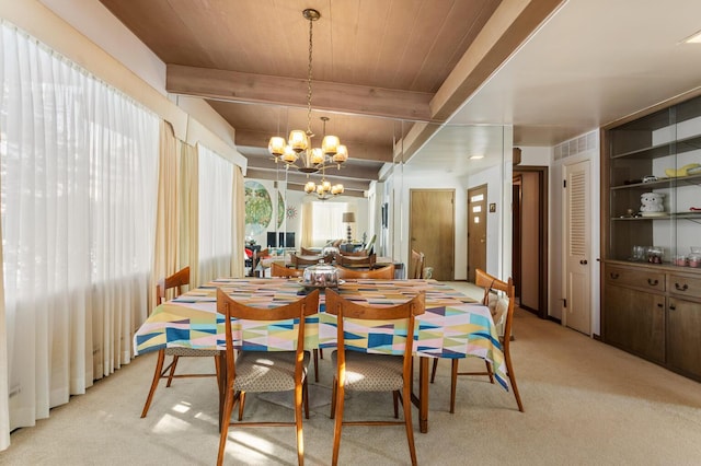 dining space featuring wood ceiling, a notable chandelier, beam ceiling, and light colored carpet