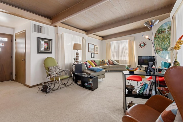 living room featuring light colored carpet, beam ceiling, and wooden ceiling