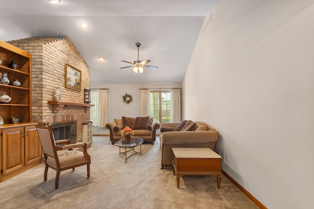 living room with lofted ceiling, a ceiling fan, a brick fireplace, light carpet, and baseboards