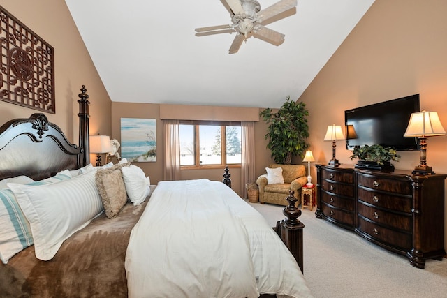 bedroom with vaulted ceiling, carpet, and ceiling fan