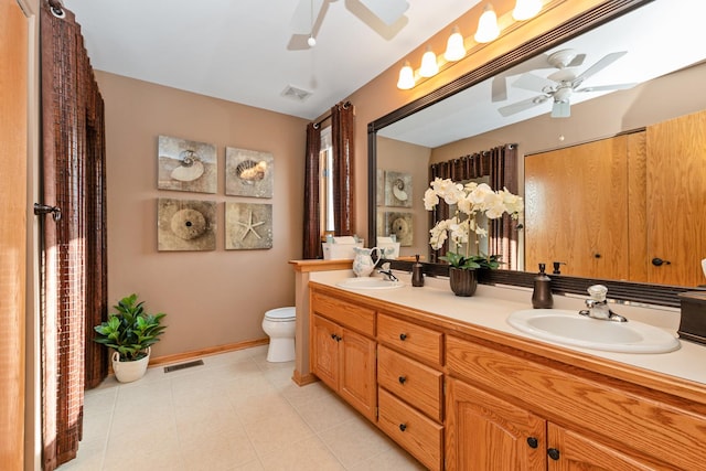 bathroom featuring toilet, ceiling fan, and vanity