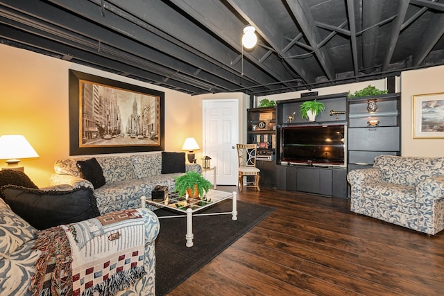 living room featuring dark wood-type flooring