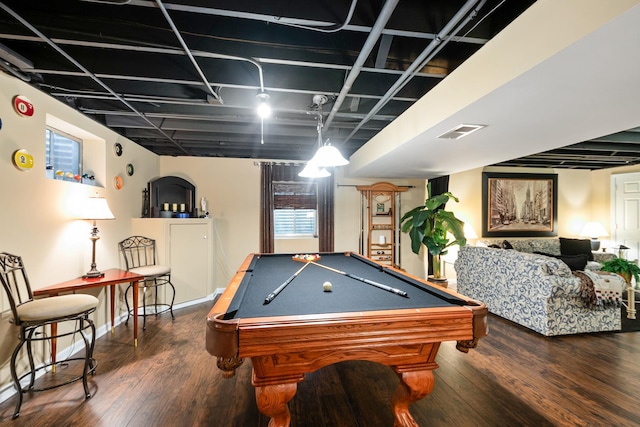 playroom featuring billiards and dark wood-type flooring