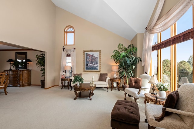 living area with a high ceiling, carpet, and a healthy amount of sunlight