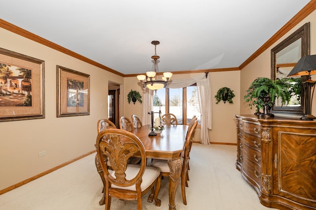 carpeted dining room with an inviting chandelier and crown molding