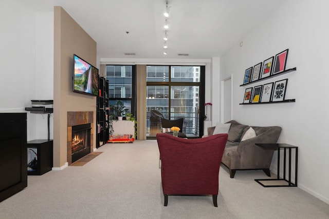 carpeted living room with track lighting, a fireplace, and expansive windows