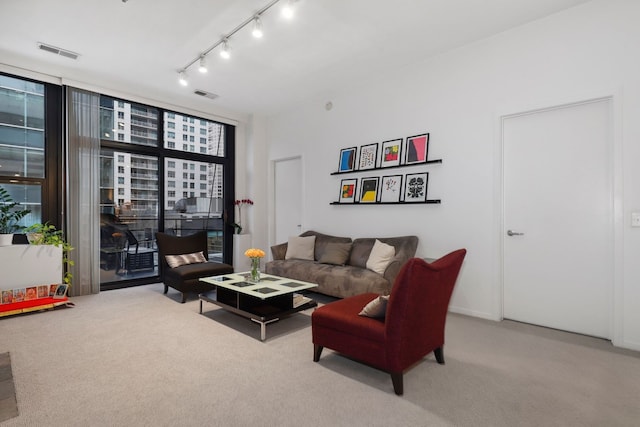 carpeted living room featuring floor to ceiling windows and rail lighting