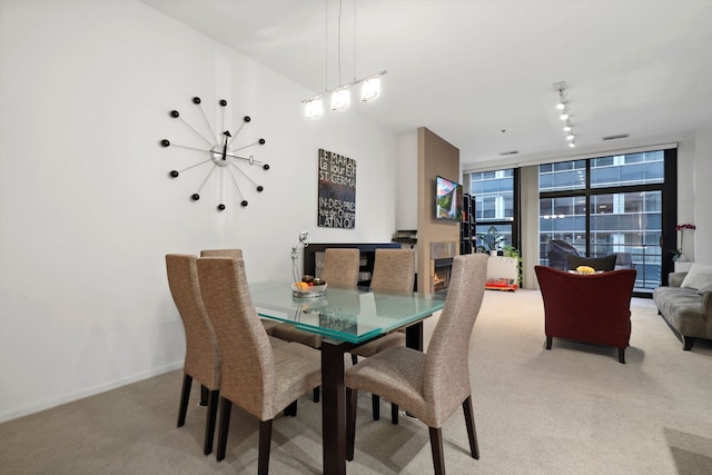 dining room featuring carpet, a wall of windows, and rail lighting