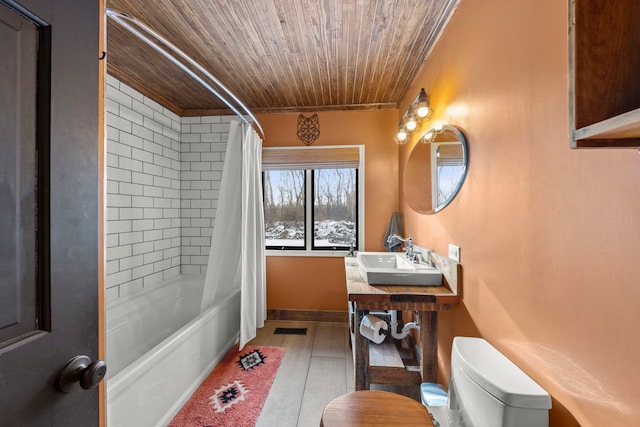 full bathroom featuring shower / bath combination with curtain, toilet, sink, and wooden ceiling